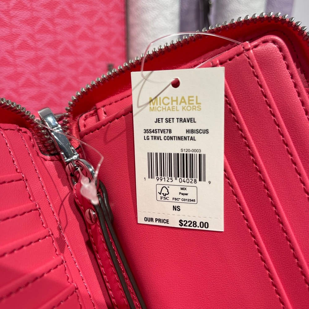 MICHAEL KORS Jet Set Large Signature Logo Continental Wallet Wristlet Hibiscus - Picture 6 of 16